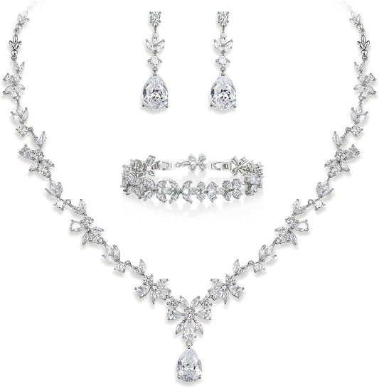 EVER FAITH Bridal Jewelry Set for Bride Bridesmaid, Flower Leaf Teardrop Cubic Zirconia Necklace Dangle Earrings Bracelet Sets Wedding Party for Women
