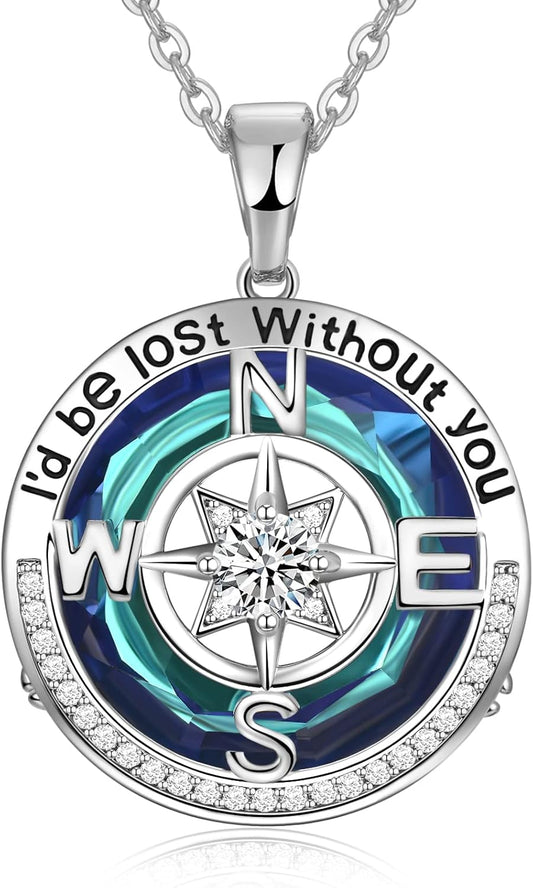 Compass Necklaces for Womens Jewelry for Wife Birthday Gift Ideas Wedding Anniversary Birthday Gifts for Her Gifts for Wife Sapphire Jewelry for Women, 18k Real Gold Filled S925 Sterling Silver Based