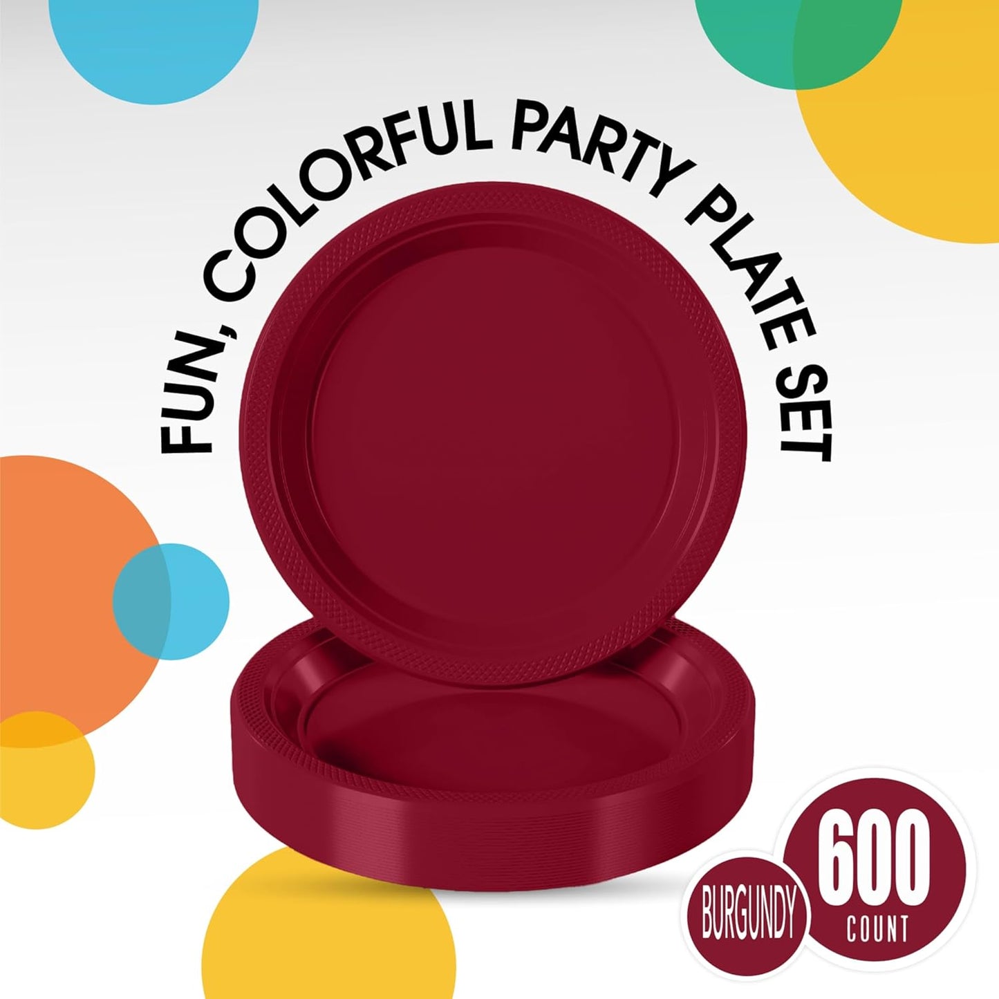 Party Solids Burgundy Plastic Plates Bulk 10" Burgundy Disposable Plates For Party Supplies 600 Pieces Disposable Dinner Plate Heavy Duty 350 GSM Plate Sets, Plastic Dinnerware Sets
