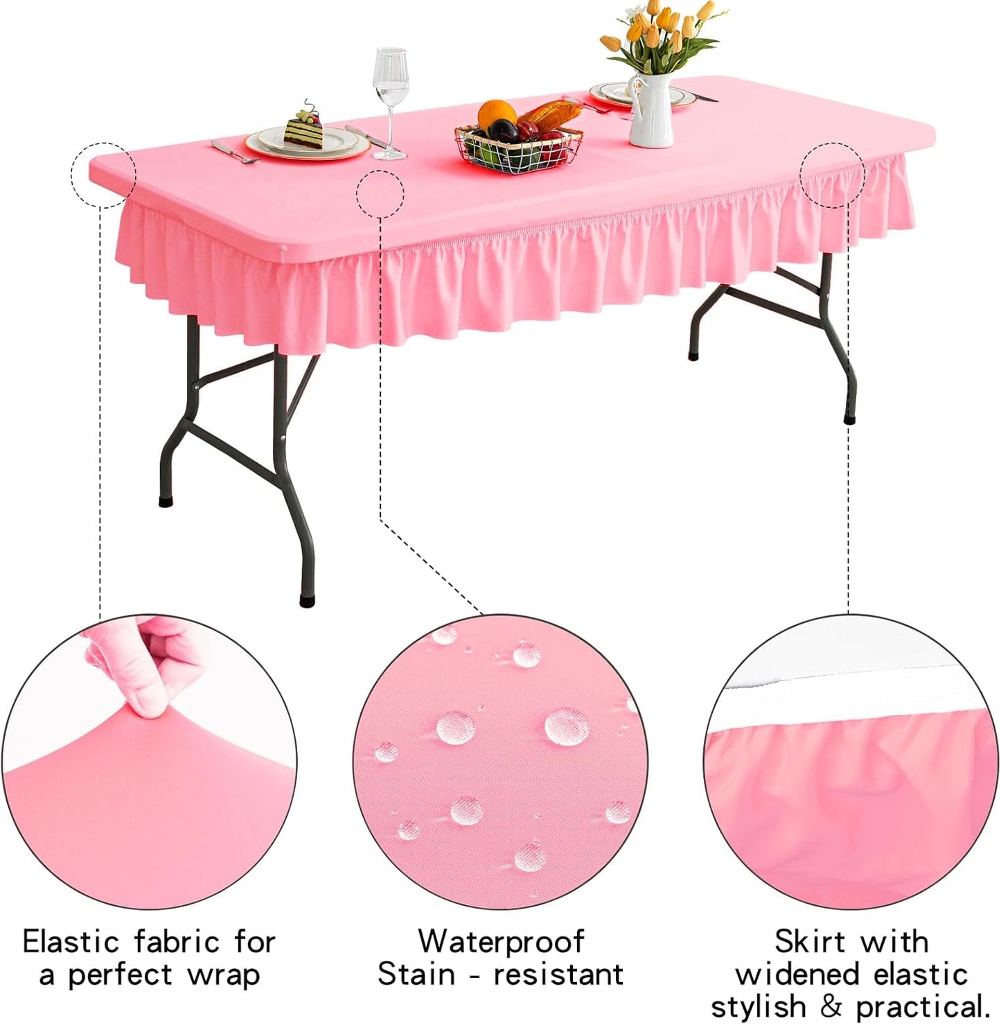 6ft Pink Stretch Tablecloth for Rectangular Tables - Flared Wrap Design, Waterproof, Wrinkle-Resistant, Washable - Ideal for Weddings, Parties, Banquets & Table Protection