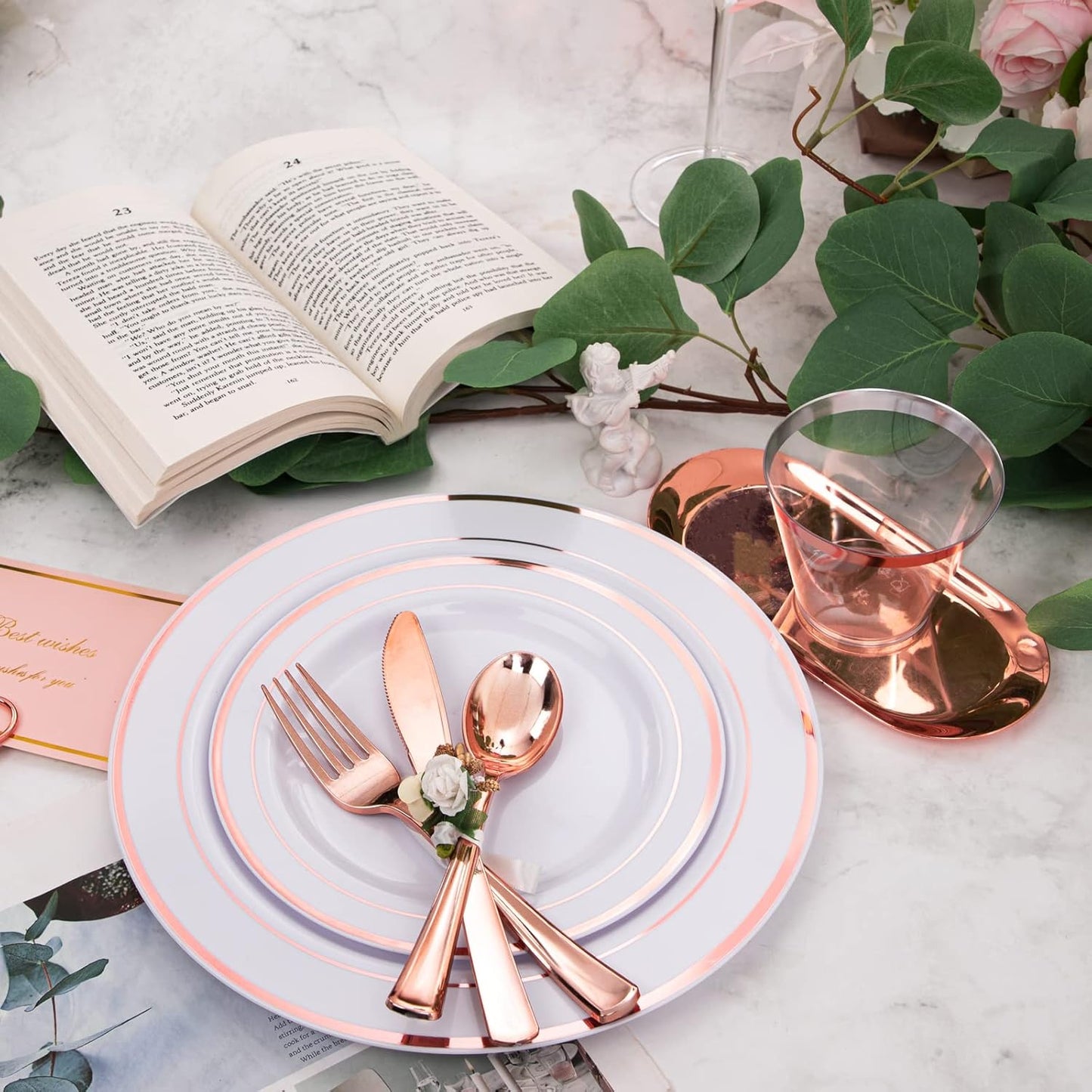WELLIFE 350 Pieces Rose Gold Plastic Dinnerware, 50 Guests Disposable Plates with Rose Gold silverware and Cups, 50 Pre Rolled Napkins with Cutlery, Perfect for Wedding and Party