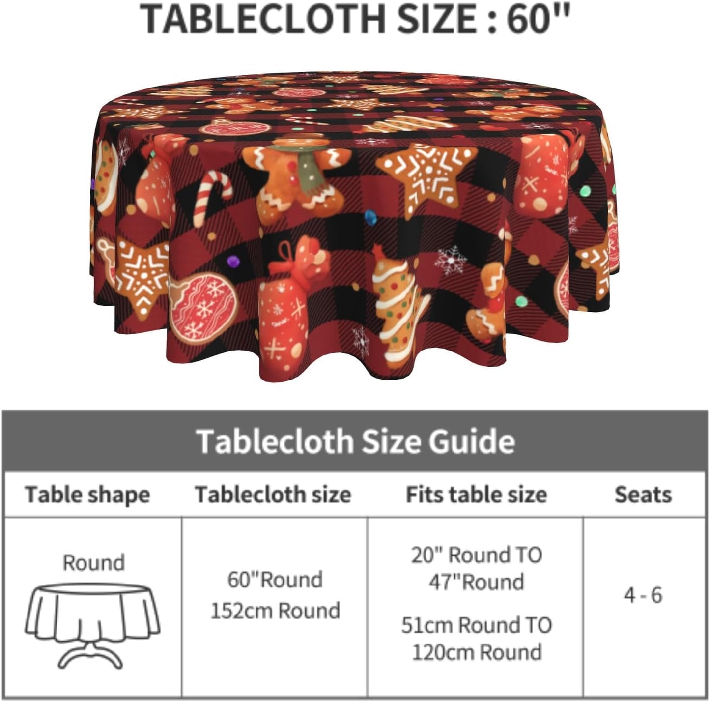 Giwawa Gingerbread Man Round Tablecloth for Kitchen Dining, 60Inch Christmas Cookies Balls Buffalo Plaids Table Cover, Winter Snowflakes Xmas Trees Table Cloth Washable for Holiday Party Decor
