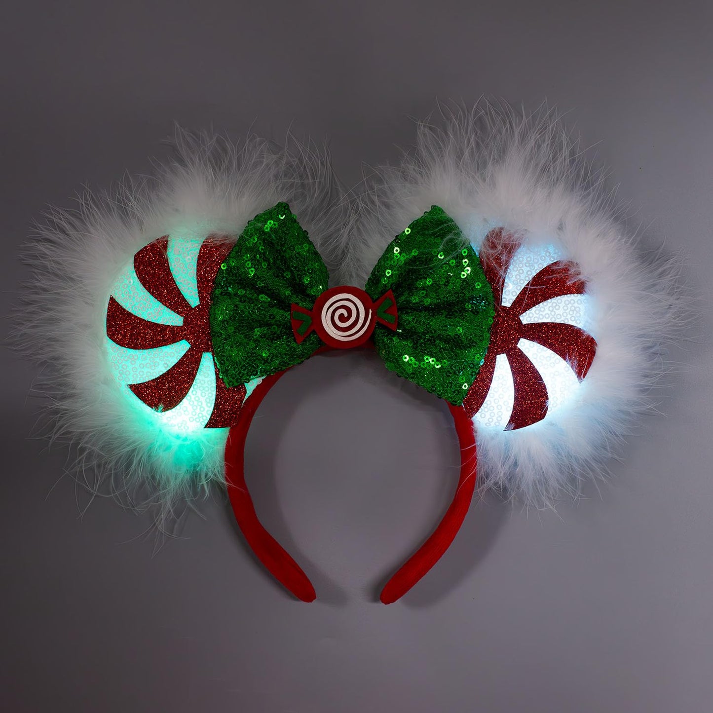 JIAHANG Christmas LED Flash Mouse Ear Headband, Lollipop Light Up Furry Edged Sequin Bow Hairband, Glowing Festival Party Decoration Headwear for Women Girls
