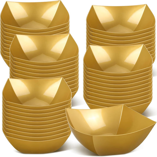 Tanlade 50 Pcs Square Plastic Serving Bowls Disposable Snack Salad Bowl Small Party Candy Bar Containers Taco Bar Serving Dishes for Buffet Chips Fruit(Gold,16 oz)