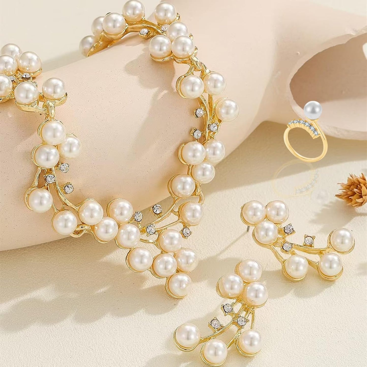 la luen Pearl Bride Wedding Jewelry Set Faux Pearls Crystal Rhinestone Necklace Earrings Bracelet Sets for Women Bridesmaid(3 PCS)