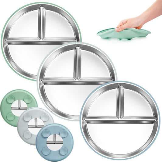 Bella's Friends Stainless Steel Toddler Plates Silicone Suction,3 Packs Non-Slip Baby Plates,Divided Portion,Food-Grade Silicone Plate for Kids,LEAD-FREE Dishwasher Safe, Green Blue Gray