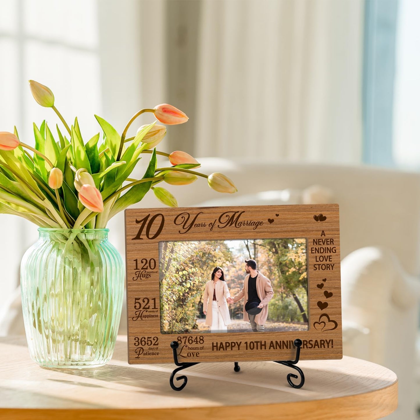 10 Years of Marriage Picture Frame, 10th Anniversary Wedding Valentines Gifts For Husband Wife Couple, 4x6 Wooden Picture Frame Tabletop Display Home Decor -04