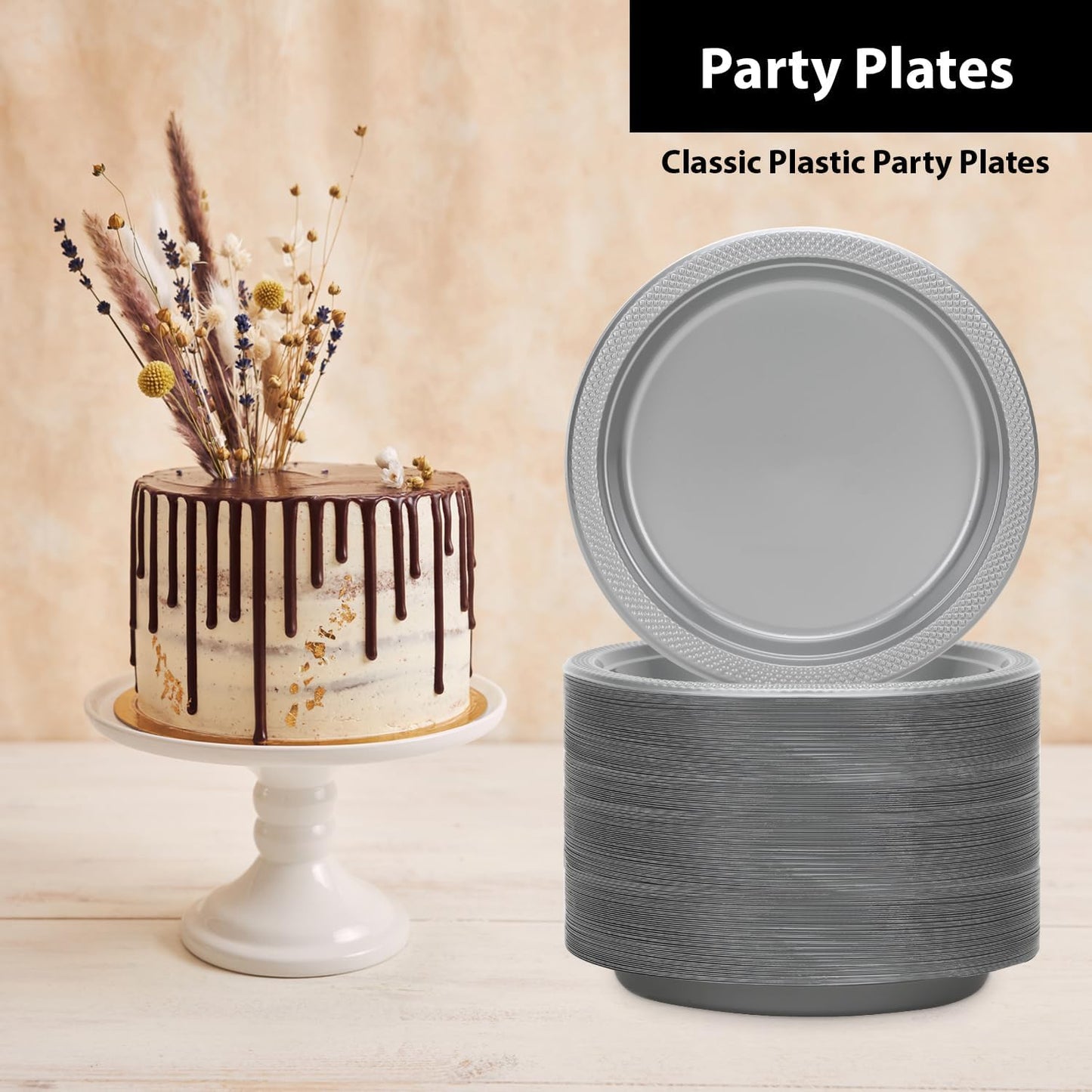 Hanna K. Signature Silver Plastic Plates 7 Inch - 600 count - Plastic Solid Round Party Plates For Weddings, BBQs, Birthday Plates - Disposable Silver Plates - Plastic Dessert Plates