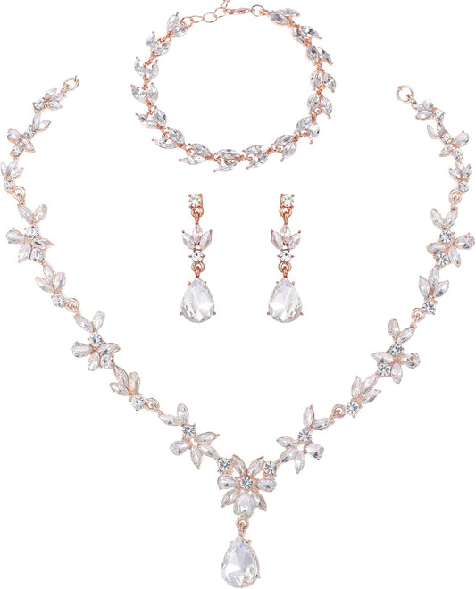 Kamirola Bridal Jewelry Set, Jewelry Set for Women, Necklace Dangle Earrings Bracelet Set, White Gold Plated (TR76)