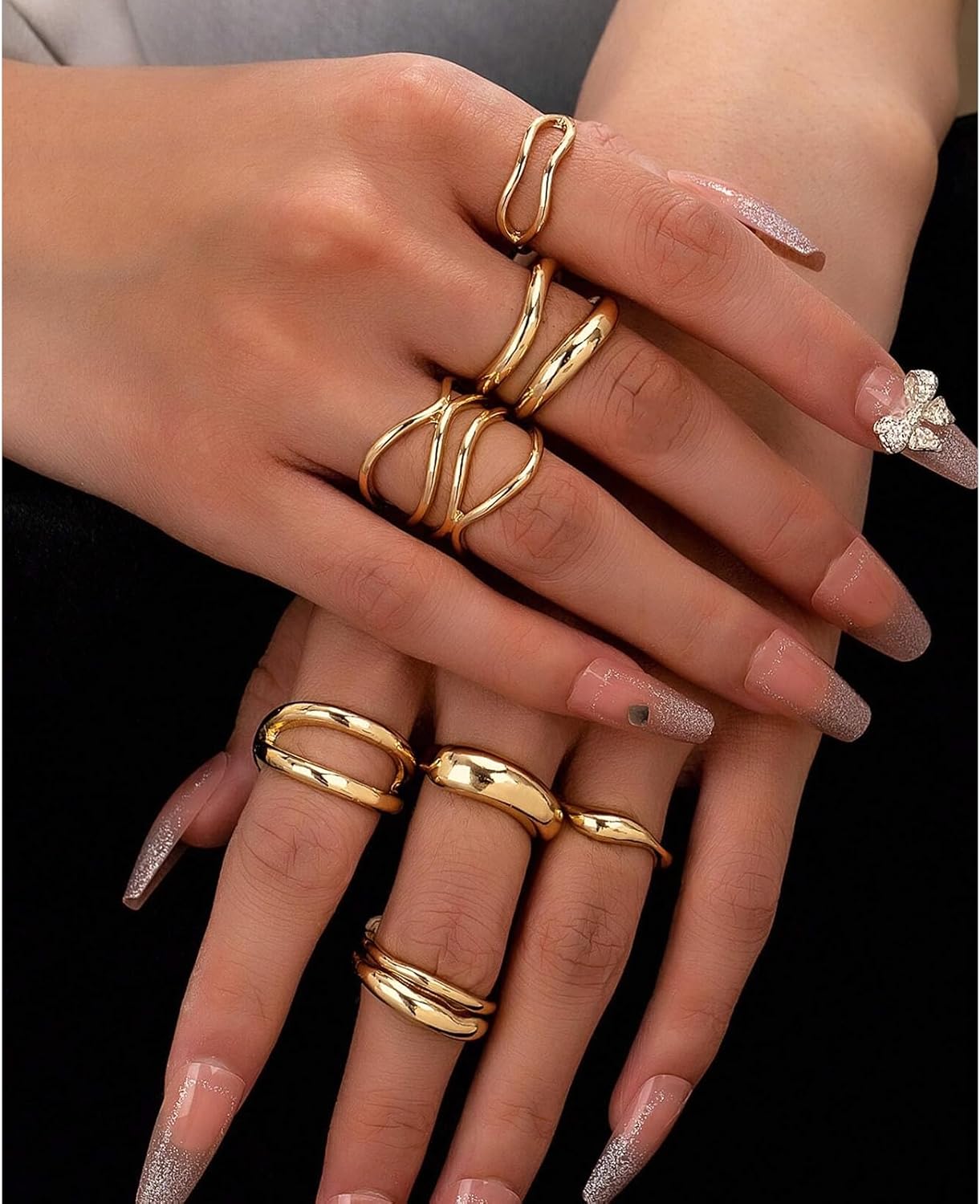 FAXHION 12PCS Gold Stackable Rings Set for Women, 18K Gold Plated Open Stacking Knuckle Ring, Adjustable Chunky Signet Band Statement Ring for Gift