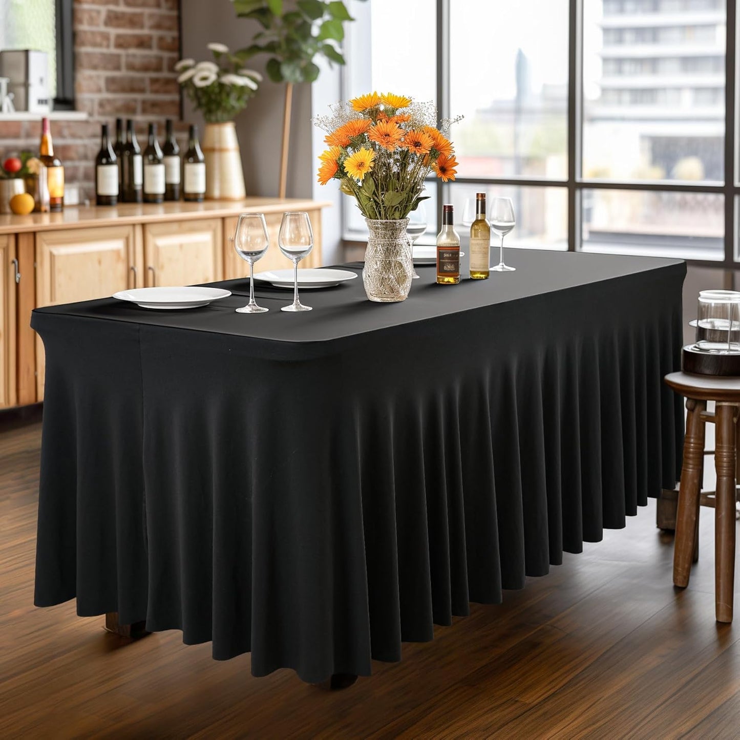 PARTISKY Black Spandex Tablecloth for 6ft Rectangle Tables, Stretchable Table Cover Skirt for Folding Tables Weddings Parties Banquets Events Trade Shows and Dessert Table