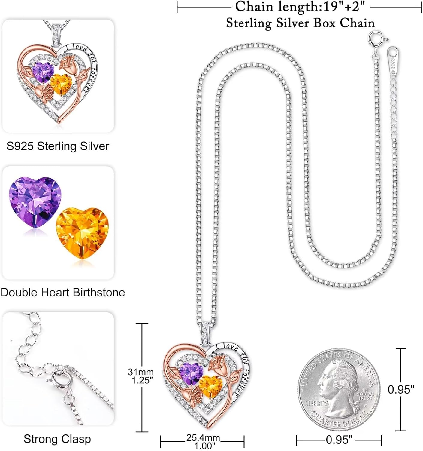 Iefil Birthstone Necklace for Women - Sterling Silver Birthstone Necklace Anniversary Birthday Gifts for Her Wife Mom Daughter