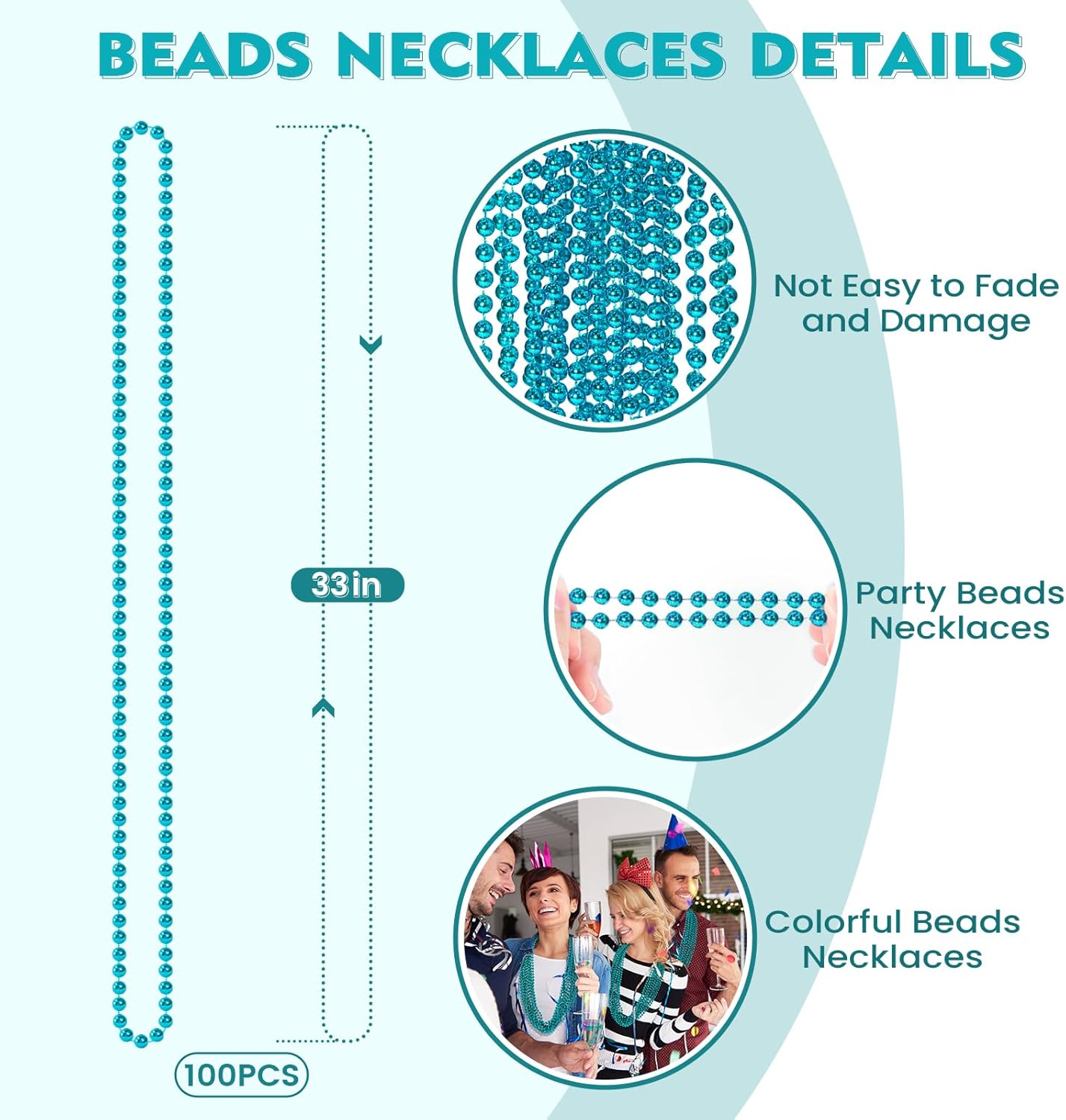 SHAOQINLIN 100 PCS Teal Bead Necklaces, Teal Mardi Gras Beads Necklaces Turquoise Party Beads Necklace Bulk Round Beaded Necklaces for Mardi Gras, Christmas, School Spirit Day Party Favors