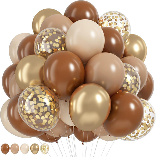 Brown and Gold Balloons 12 Inch Double Stuffed Dark Coffee Tan Cream Beige Sand Nude Neutral Latex Balloon Confetti Balloons for Boho Birthday Rodeo Thanksgiving Baby Bridal Shower Party Decor