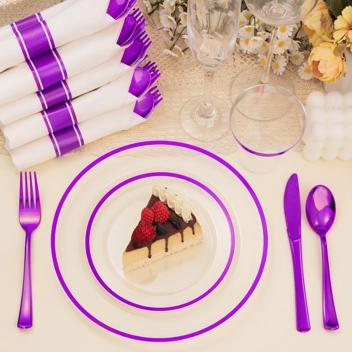 350PCS Clear and Purple Disposable Plates Set for 50 Guests, 100 Plastic Plates, 50 Plastic Cups, 50 Pre-Rolled Napkins with Cutlery for Party, Birthday, Wedding, Thanksgiving, Christmas