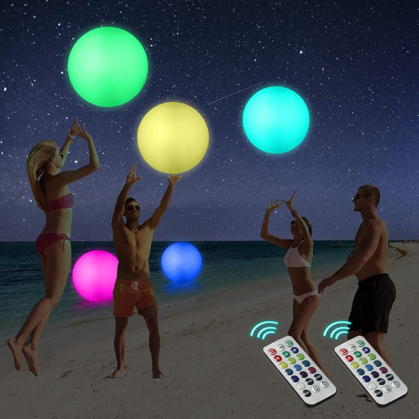 LED Beach Balls Glow in Dark Party Supplies, 2pcs Inflatable Light up Ballon 16'' Floating Pool Light with Remote 16 Color 4 Mode Beach Game Pool Toy Kickball for Neon Party Decoration-4 Lights