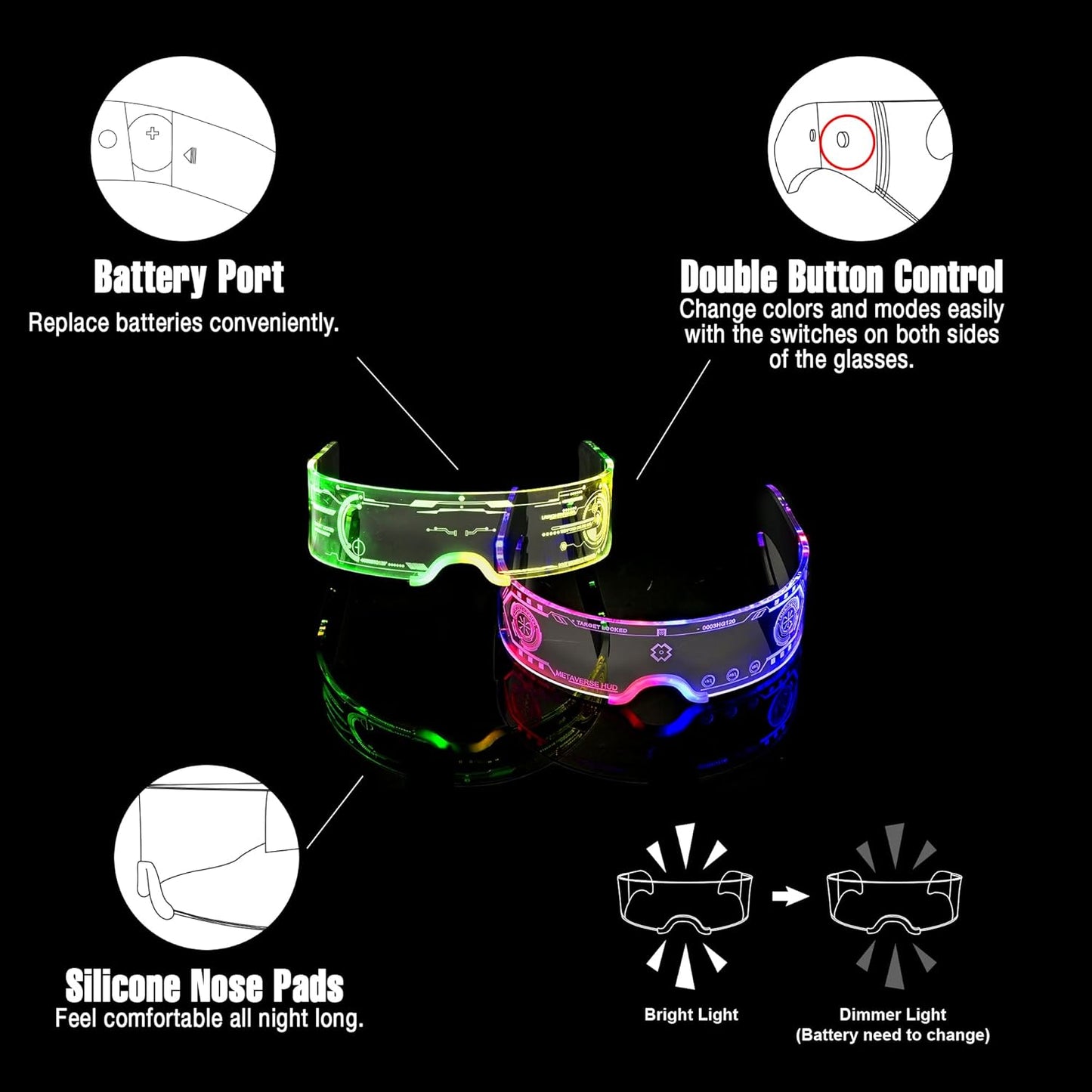 2 pack Light Up Glasses For Party LED Glass For Adults Kids Futuristic Sunglasses Rave Accessory Multi Color Glow Glasses,Gifts(Fun Glasses)