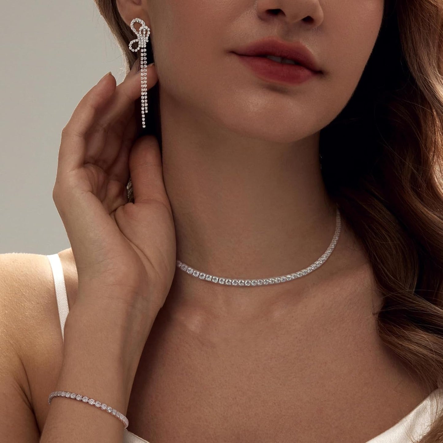 Tennis Necklace Bracelet for Women, Sterling Sliver, Dainty Chocker Necklace, Crystal Bracelet for Women, Wedding Jewelry for Bride, Sparkly Party Prom Hypoallergenic