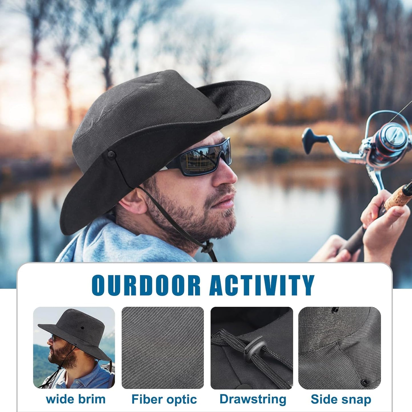 LED Bucket Hat, 7 Colors Rave LED Hats for Men Women Rechargeable Light up LED Cowboy Hat Wide Brim Neon Outfit for Party (Black)