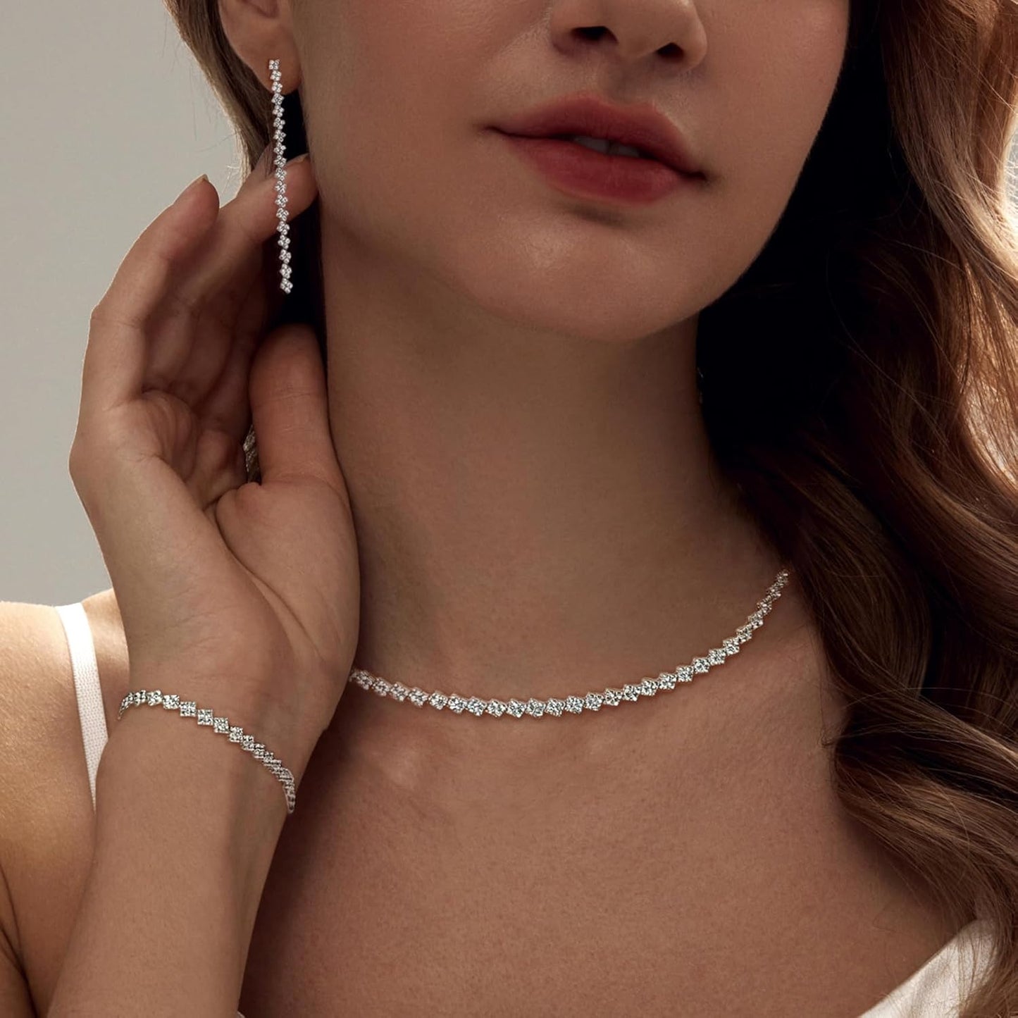 Tennis Necklace Bracelet for Women, Sterling Sliver, Dainty Chocker Necklace, Crystal Bracelet for Women, Wedding Jewelry for Bride, Sparkly Party Prom Hypoallergenic