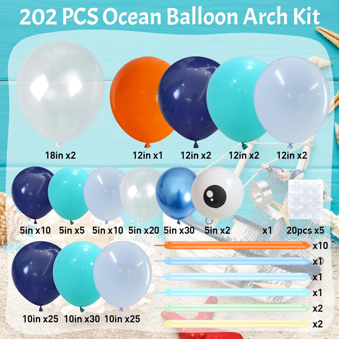 202 PCS Under the Sea Party Decorations Balloons Arch, Teal Blue Balloon Arch Garland Kit, DIY Octopus Clear Balloons Ocean Birthday Party Themed Decoration for Marine Shark Baby Shower Decor