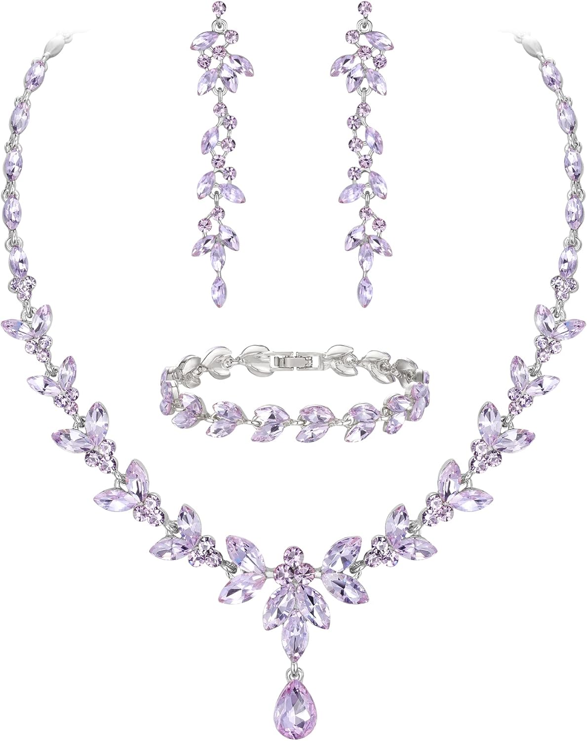 EVER FAITH Austrian Crystal Bridal Bridesmaid Jewelry Sets, Elegant Marquise Rhinestone Leaf Necklace Dangle Earrings Tennis Bracelet Set for Women