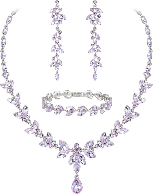 EVER FAITH Austrian Crystal Bridal Bridesmaid Jewelry Sets, Elegant Marquise Rhinestone Leaf Necklace Dangle Earrings Tennis Bracelet Set for Women