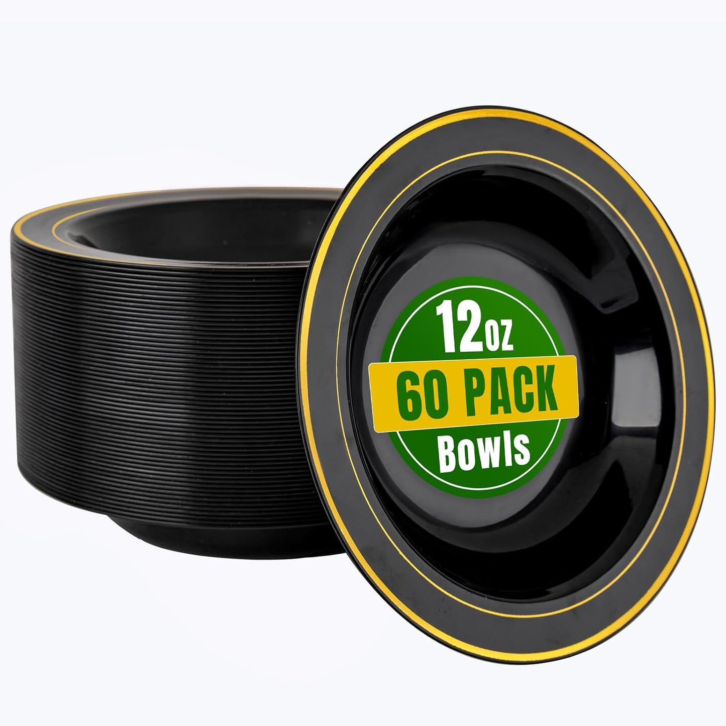bUCLA 60 Pack Black Plastic Bowls with Gold Rim - 12 oz Plastic Soup Bowls Disposable for Wedding, Party, Gathering & New Year