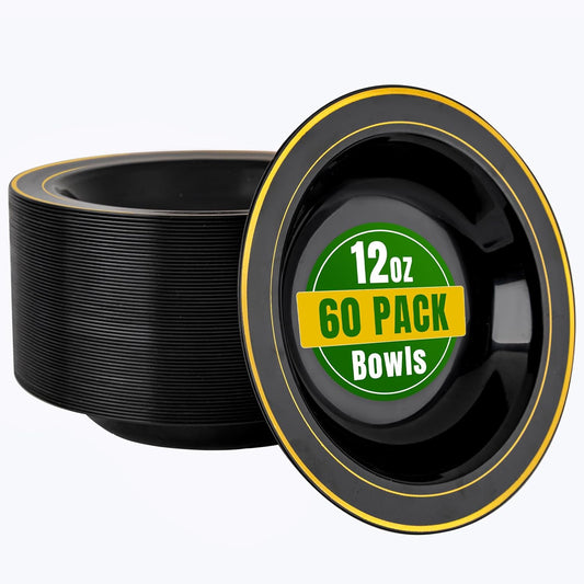 bUCLA 60 Pack Black Plastic Bowls with Gold Rim - 12 oz Plastic Soup Bowls Disposable for Wedding, Party, Gathering & New Year