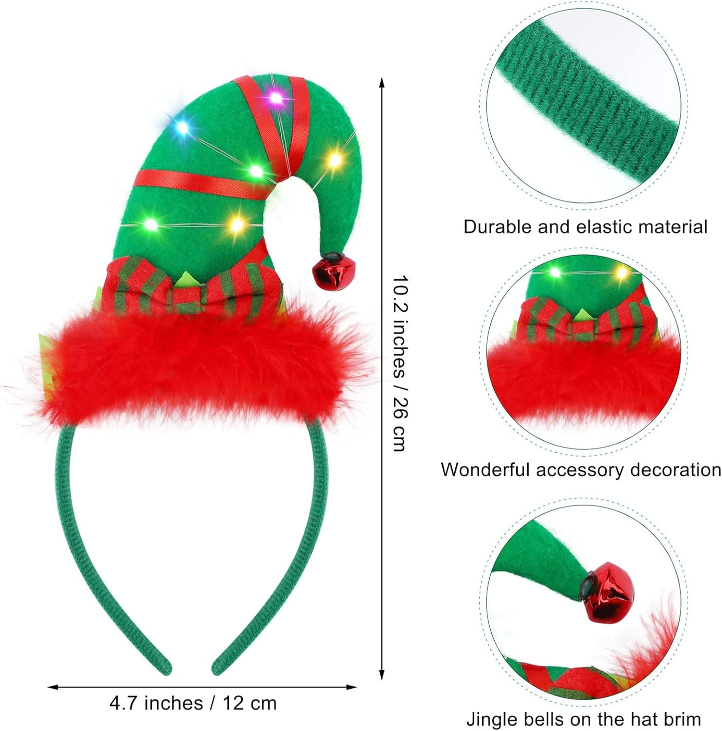 Aneco 3 Pieces Christmas Headbands Christmas Head Boppers with LED Lights Reindeer Antler Santa Elves Headbands, Assorted Styles for Xmas Party, Holiday Favors