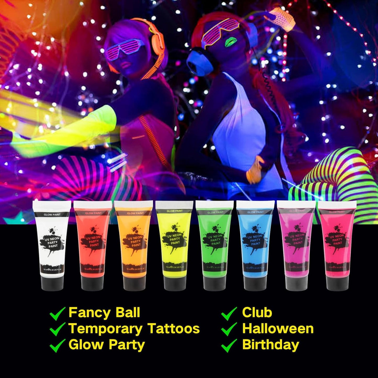 MEICOLY Glow Blacklight Face Paint,Neon UV Body Paint Set of 8 Tubes Blacklight Reactive Paints,Glow in the Dark Body Paint Neon Party Supplies,Neon Fluorescent Face Paint Blacklight Glow Makeup