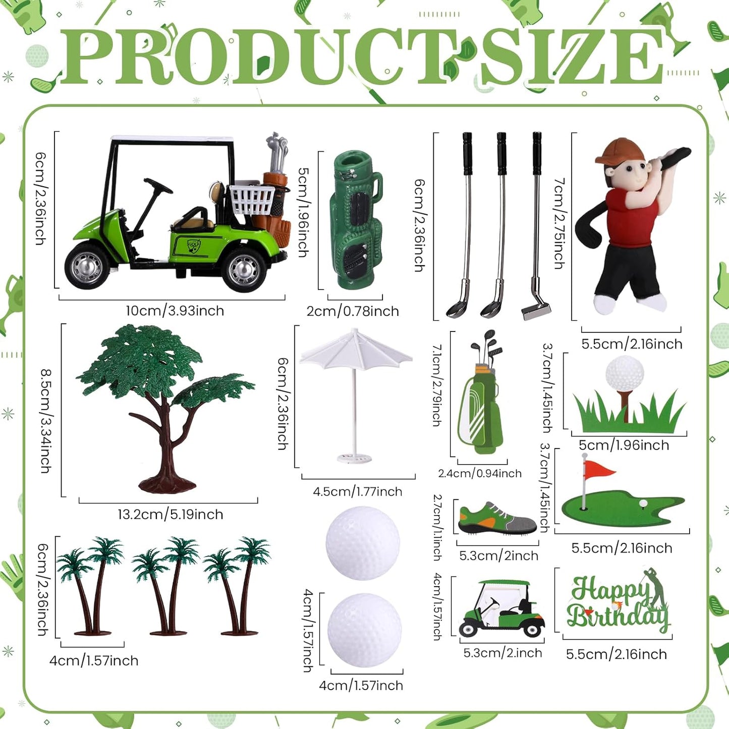 RAYNAG 19 Pieces Golf Cake Topper Birthday Decorations Party Supplies With Clay Figurine Cart Sun Umbrella Ball Green Tree for Themed Cake Decorations Party Favors