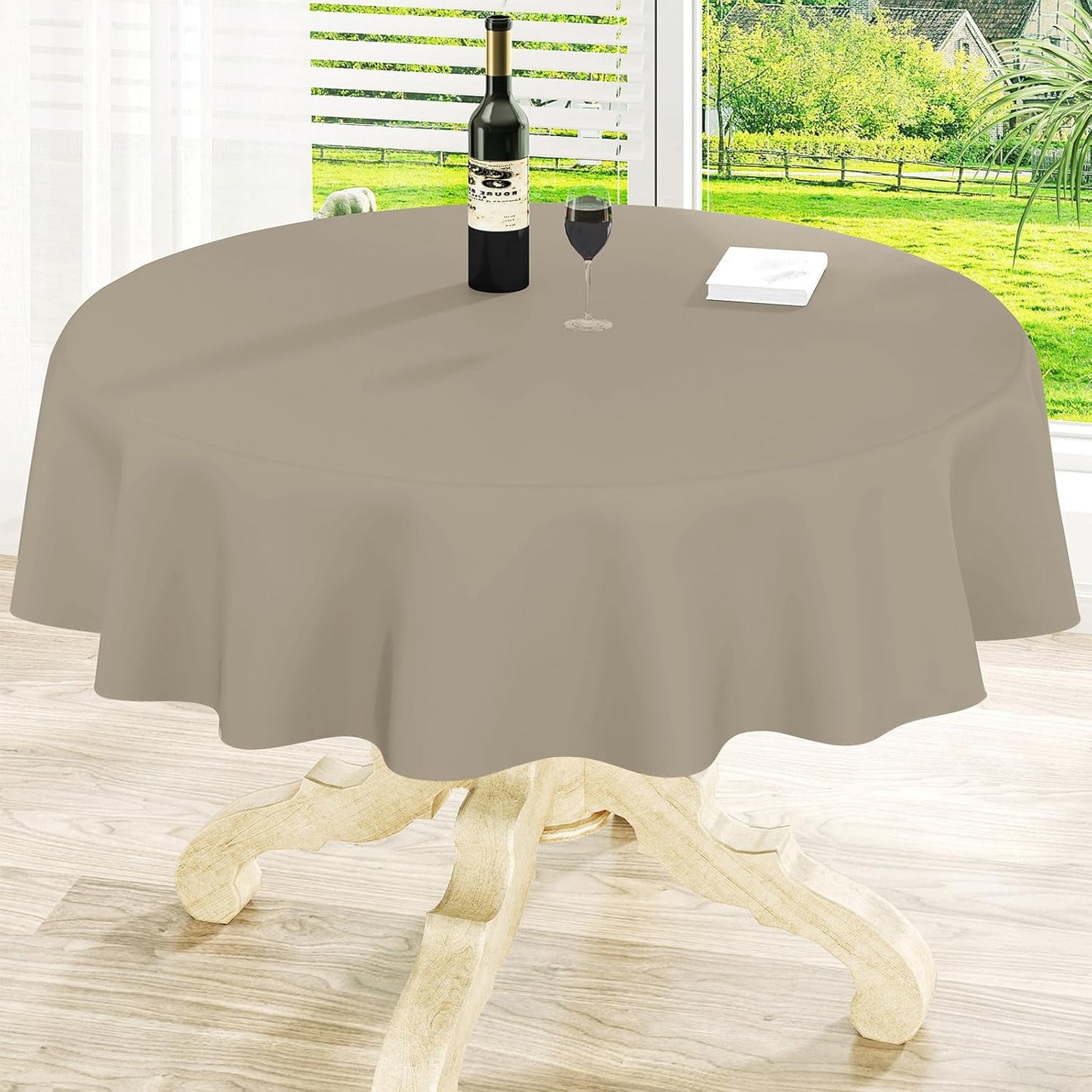 homing Round Vinyl Tablecloth, Waterproof Spillproof Plastic Flannel Backed Table Cloth, Wipe Clean Table Cover for Dining, Buffet Parties and Camping (Taupe, 60")