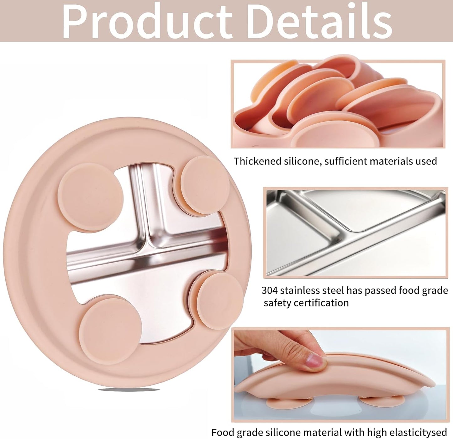 3Pack Stainless Steel Kids Plates, 8.1" Divided Kids Plate with Removable Silicone Suction Sleeves for Baby Highchairs, Non Toxic BPA Free Non-Slip Unbreakable Snack Lunch Plates
