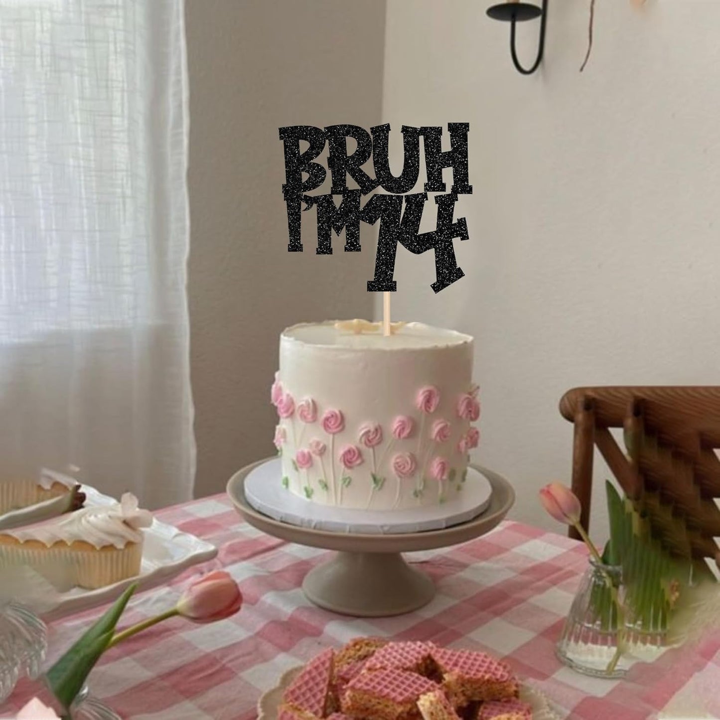1 PCS Bruh I'm 14 Cake Topper Black Glitter Happy 14th Birthday Cake Pick Bro I'm 14 It's My 14th Birthday Cake Decoration for Cheers to 14 Years Birthday Party Decorations Supplies