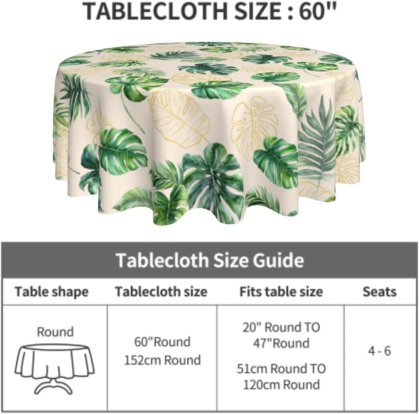 Giwawa Summer Tropical Leaf Tablecloth Round Hawaiian Monstera Palm Tree Leaves Table Cover Polyester Circle Washable Table Cloth 60in for Dining Kitchen Party Indoor Outdoor Decor