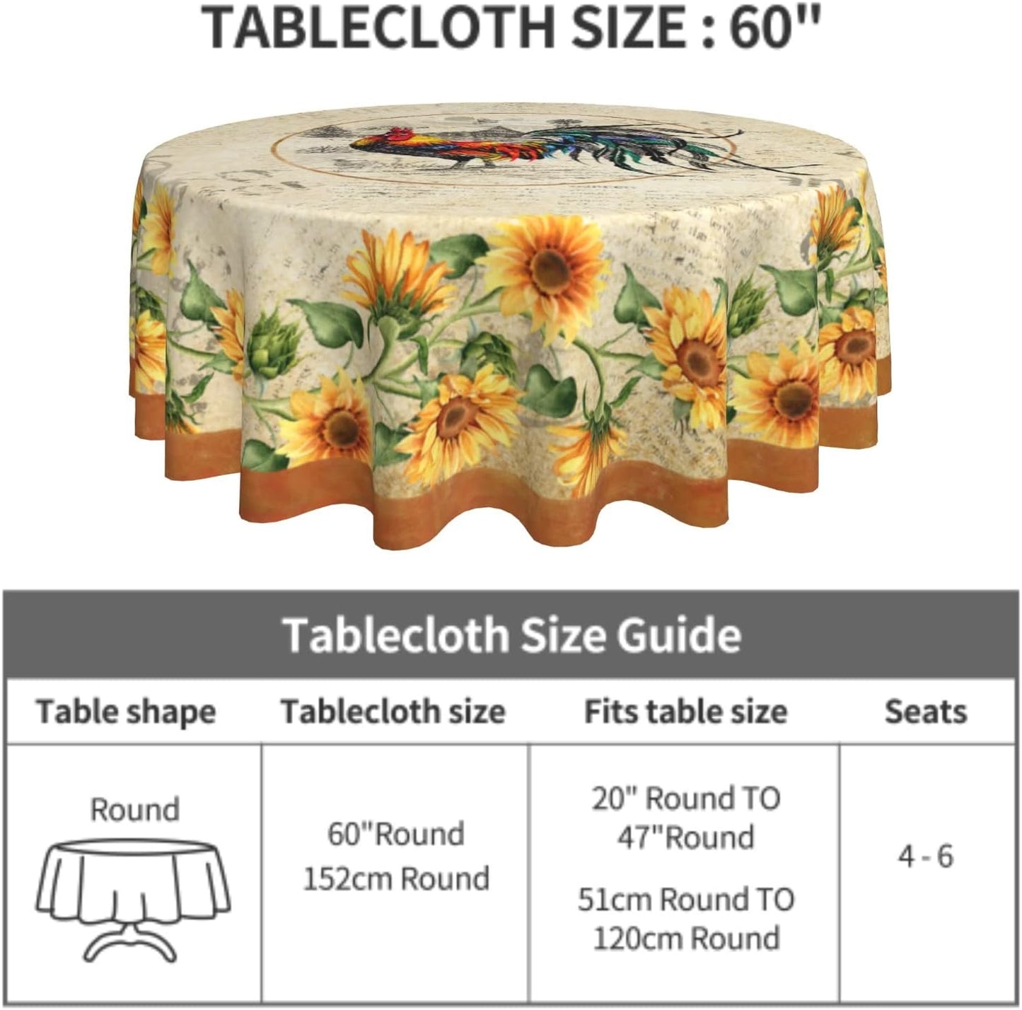 Giwawa Rooster Tablecloth Round 60 inch Vintage Style Chicken Sunflower Table Cover Farmhouse Animal Yellow Floral Decor Table Cloth Heat Resistant Washable for Kitchen Dining Party Indoor Outdoor