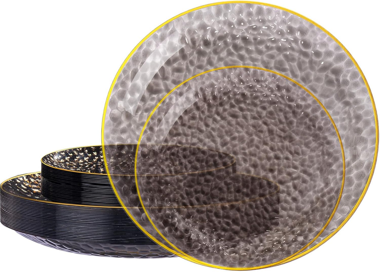 SUT 36Pcs Black Plastic Plates, Hammered Plates Disposable Heavy Duty, Black Disposable Plates With Gold Rim, Fancy Plastic plates Include 18 Dinner and 18 Dessert plates for Wedding