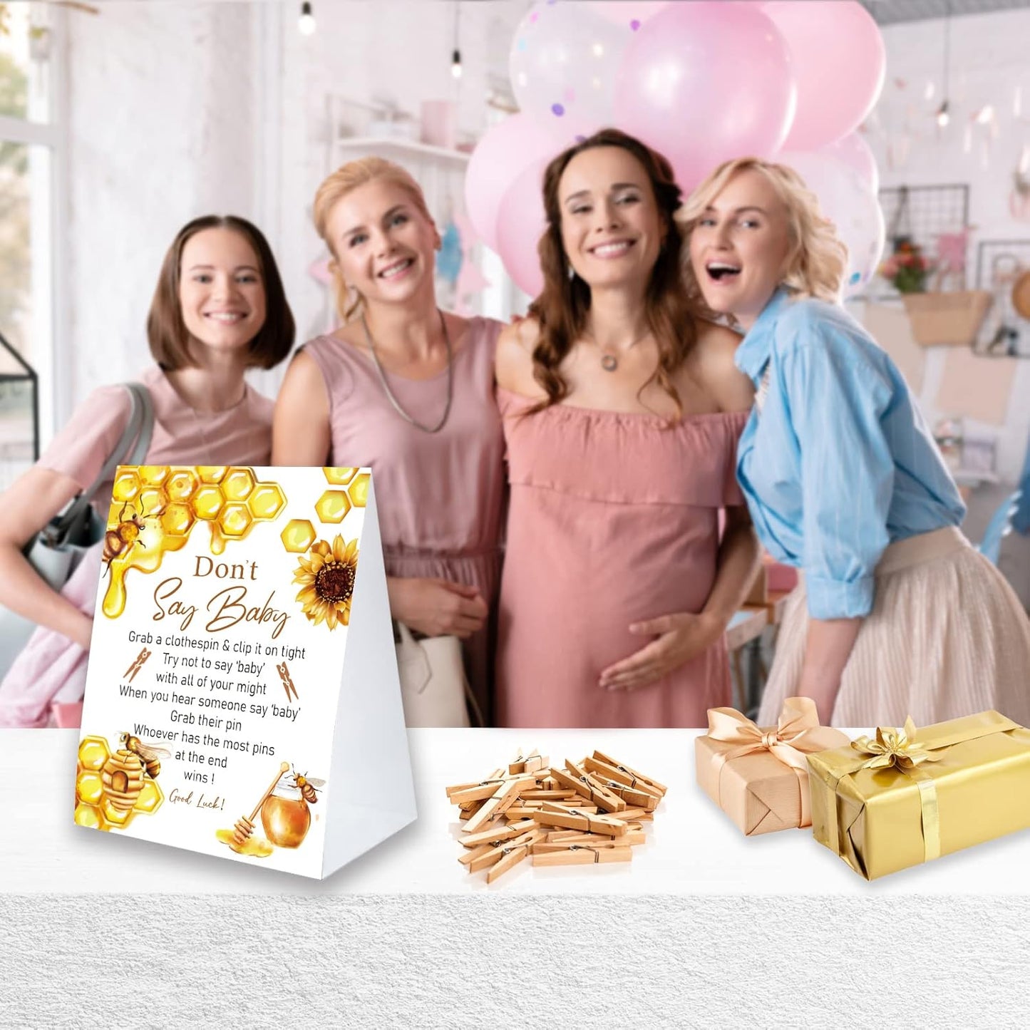 Don't Say Baby Game for Baby Shower Clothespin Game, One 5x7 Coated Paper Sign and 50 Natural Clothespins, Honey Bee Baby Shower, Honey Bee Theme, Gender Neutral -NDSBB46