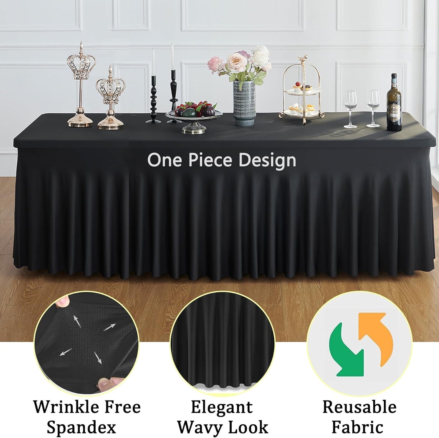 Black Spandex Tablecloth for 8 Foot Rectangle Tables, 6 Pack Black Wrinkle Free Fitted Table Cloths 8ft Stretchy Banquet Table Clothes Cover Desk Skirt for Birthday Wedding Parties Baby Shower