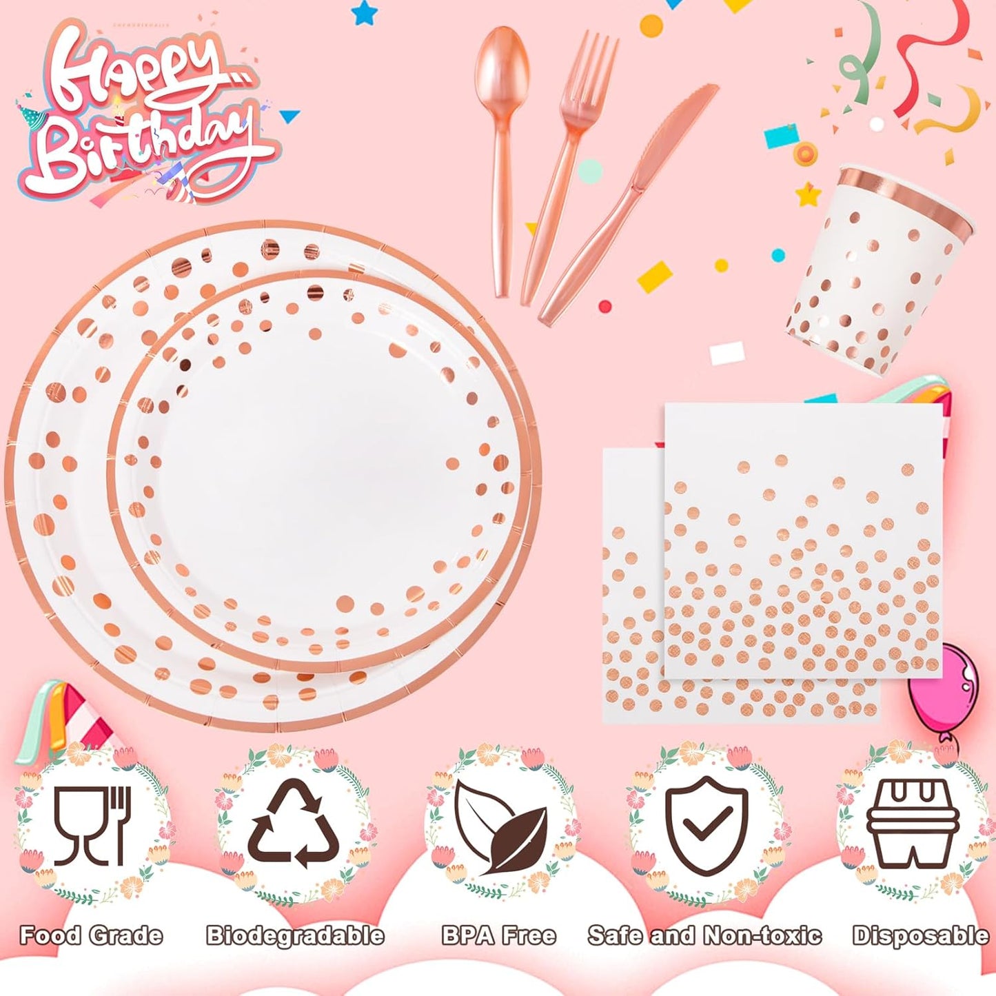 Supernal 350pcs Rose Gold Party Supplies,Plates and Napkins Sets,Happy Birthday Plate, Party Supplies Plates, Cups, Spoons, Fork, Napkins,Rose Gold Plastic Silverware for Wedding Birthday Decorations