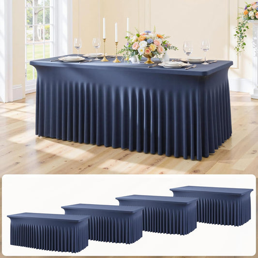 4 pk Navy Blue Spandex Tablecloth 6ft with Ruffled Skirt, Wrinkle Free High Stretch Fitted Tablecloths for 6 Foot Rectangle Tables, Elastic Navy Spandex Table Covers 6 ft for Graduation Wedding Party