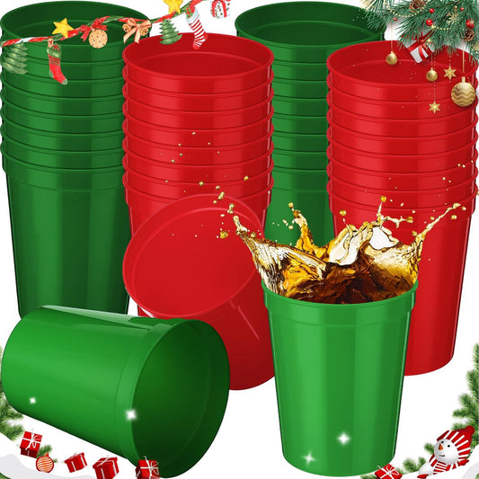 Yungyan 36 Pack 16oz Christmas Stadium Cups Holiday Reusable Plastic Cups Red and Green Cups Blank Drink Tumblers Stadium Cups Christmas Party Cups for Birthday Party, Events, DIY Projects (Red,Green)
