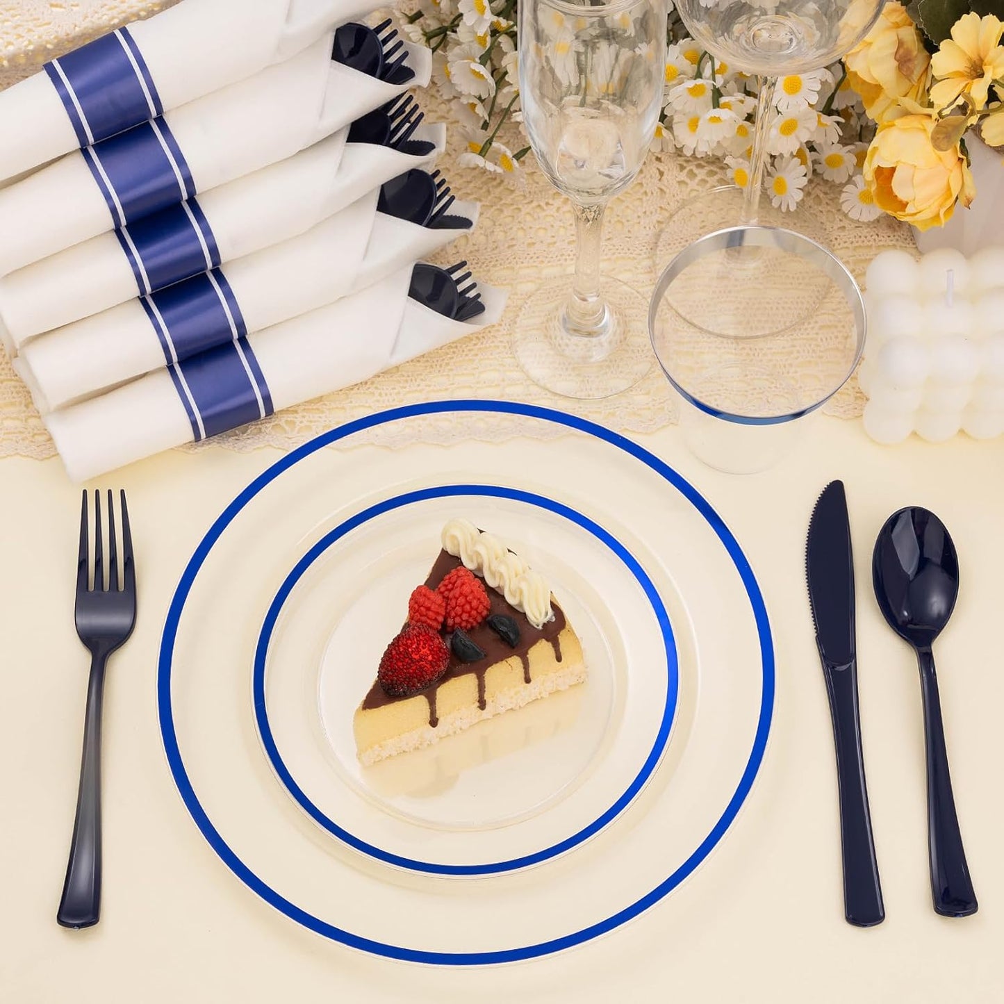 350PCS Clear and Blue Disposable Plates Set for 50 Guests, 100 Plastic Plates, 50 Cups, 50 Pre-Rolled Napkins with Plastic Cutlery for Party, Birthday, Thanksgiving, Christmas, Halloween