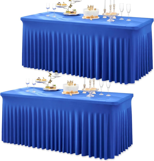 2 Pack Royal Blue Spandex Table Clothes for 6 Foot Rectangle Tables, Wrinkle Free Fitted Table Cover 6ft Stretchy Tablecloths with Skirt for Parties Weddings Birthday Banquet Baby Shower