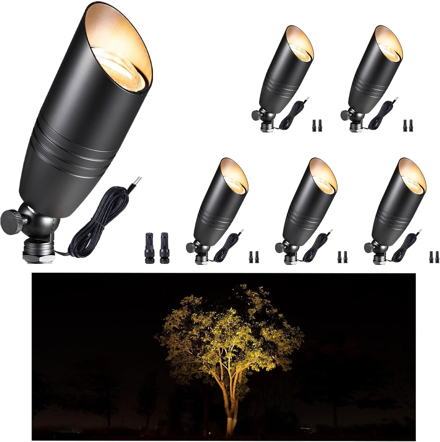 Gardenreet Low Voltage Spot Lights - Black Solid Brass Landscape Spotlight Wired, 12V Outdoor LED Bullet Uplights, Waterproof Electric Black for Patio Wall Without MR16 Bulb (6 Pack)
