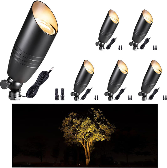 Gardenreet Low Voltage Spot Lights - Black Solid Brass Landscape Spotlight Wired, 12V Outdoor LED Bullet Uplights, Waterproof Electric Black for Patio Wall Without MR16 Bulb (6 Pack)