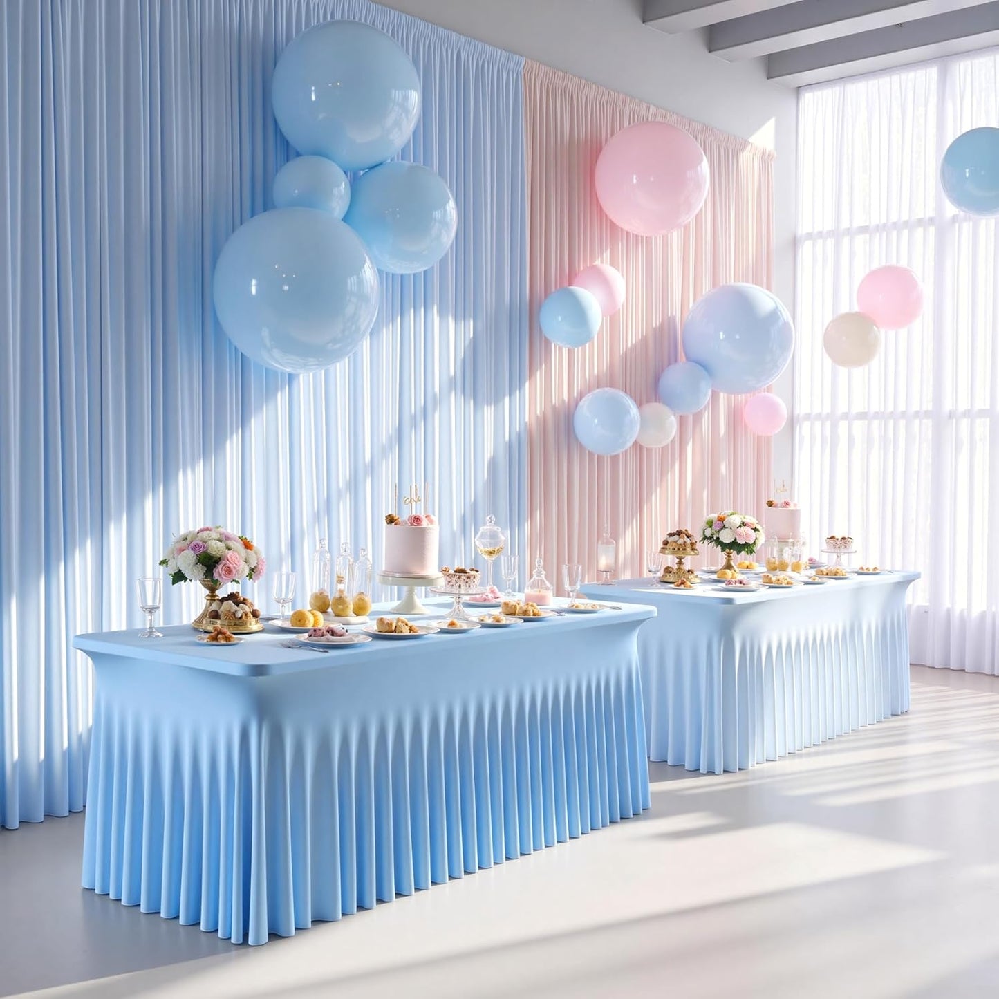 2 pk Baby Blue Spandex Tablecloth 8ft With Ruffle Table Skirt, Wrinkle Free Stretchy Fitted Tablecloths for 8 Foot Rectangle Tables, Elastic Spandex Table Covers for Weddings Parties Banquet Craft