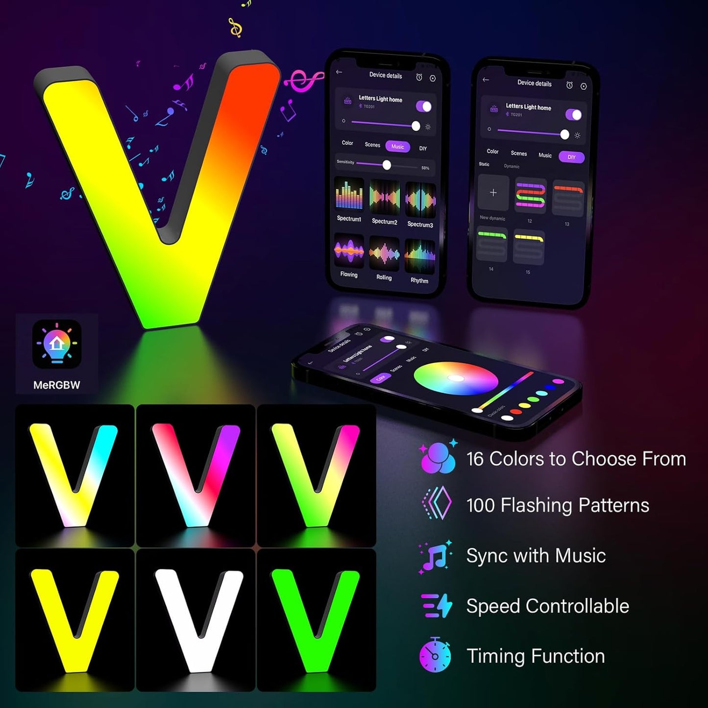 Light Up Letters Marquee Letter - Music Sync RGB Color Changing LED Lights Letter Logo Game Lights for Girls Women Party Birthday Christmas Valentine's Day Wall Desktop Decoration (MRGB-V)