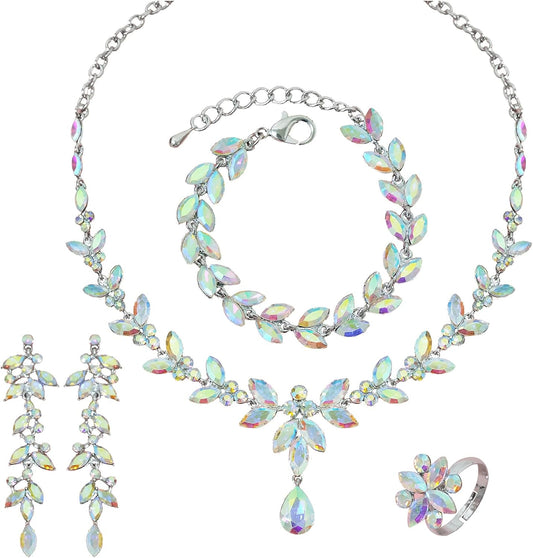 CSY 4 Pcs Elegant Bridal Jewelry Sets Austrian Marquise Crystal Wedding Necklace Dangle Earrings Tennis Bracelet Ring Set for Bride Women Costume Accessories